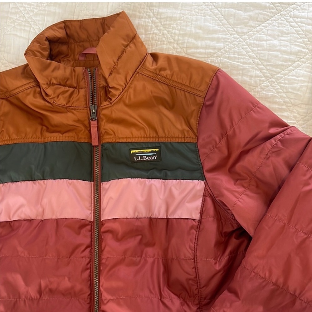 L.L. Bean Colorblock Puffer Jacket in Rust, Pink, Olive, and Burgundy
